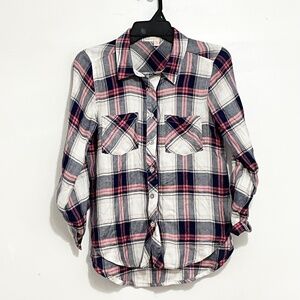 GB GIRLS Plaid Button Down Shirt Roll Tab Long Sleeve 100% Rayon Size Medium